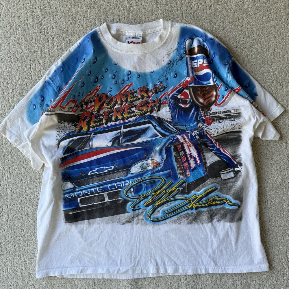 Vintage Autographed Jeff Gordon Pepsi T Shirt Chase 90s NASCAR Pit Crew XL AOP